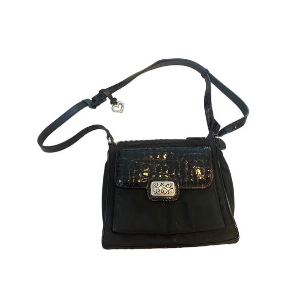 Vintage Brighton 90s Black Nylon Croc Leather Flap Crossbody Bag - Picture 1 of 11